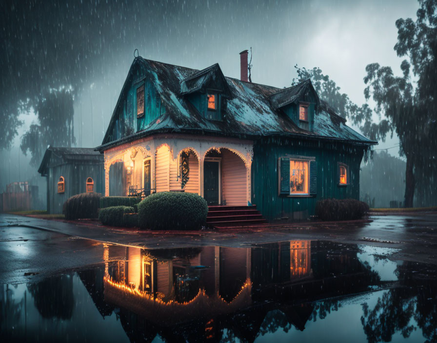 Victorian House on Rainy Evening with Lights Reflected on Wet Street