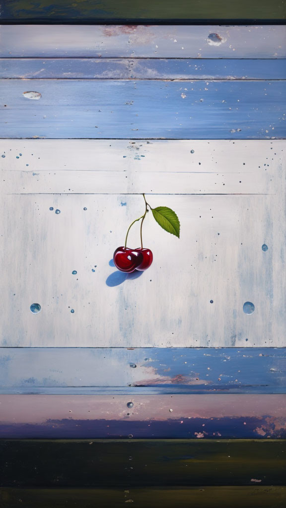 Ripe cherries with green leaf on rustic blue and white wooden background