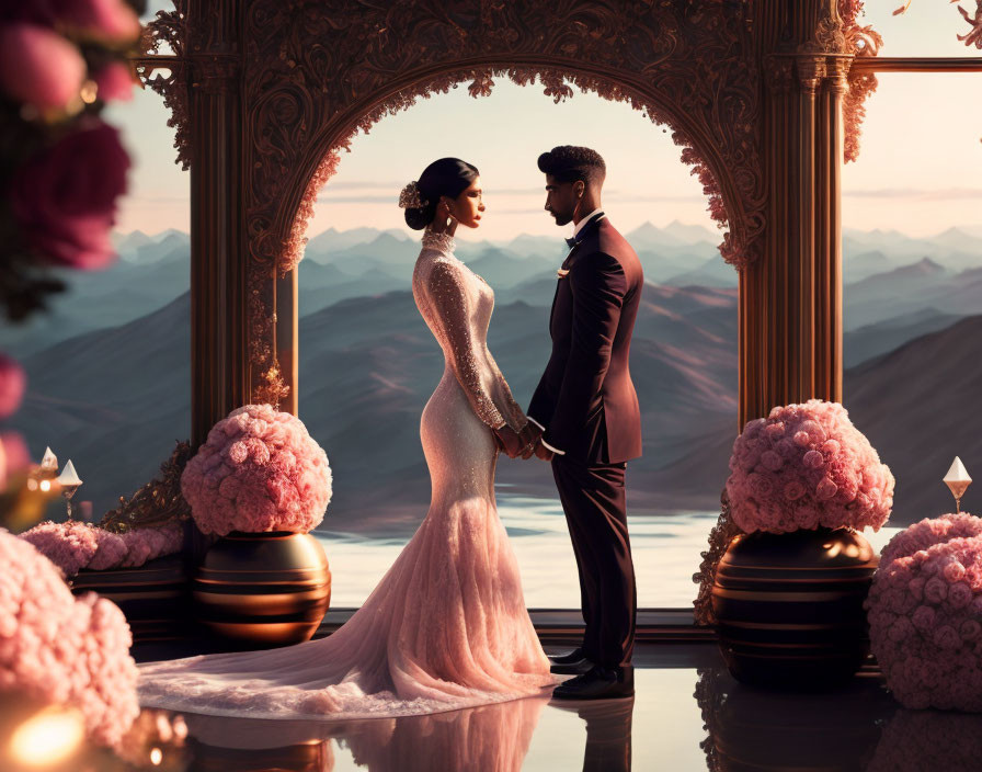 Elegant bride and groom with mountain backdrop and floral decor