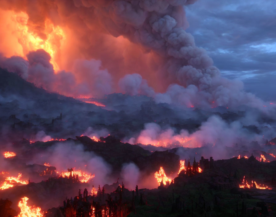 Erupting Volcano at Twilight with Lava Flows and Smoke