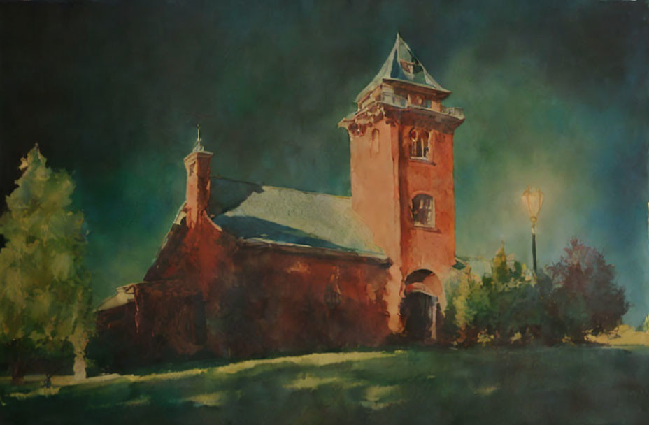 Dark sky over old tower and building with sloped roof, illuminated by street lamp next to trees