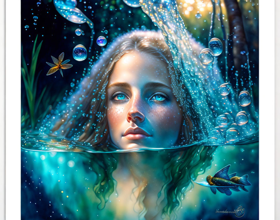 Woman in water with bubbles, fish, and dragonfly in vibrant art style