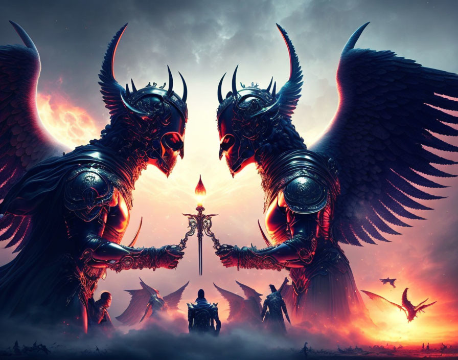 Symmetrical winged demonic figures with tridents in fiery landscape