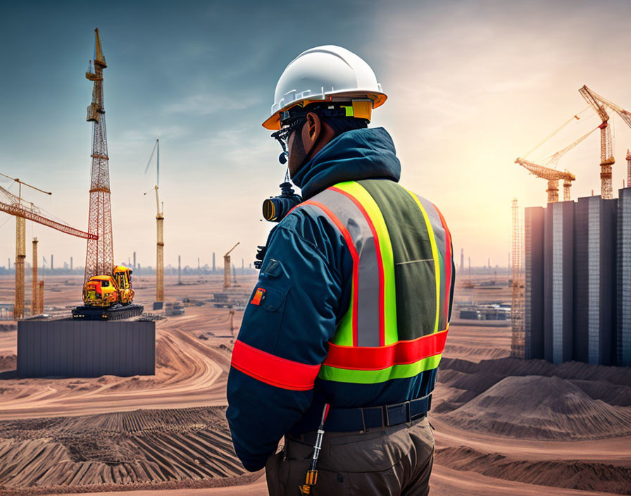 Construction worker overseeing busy industrial site at sunrise