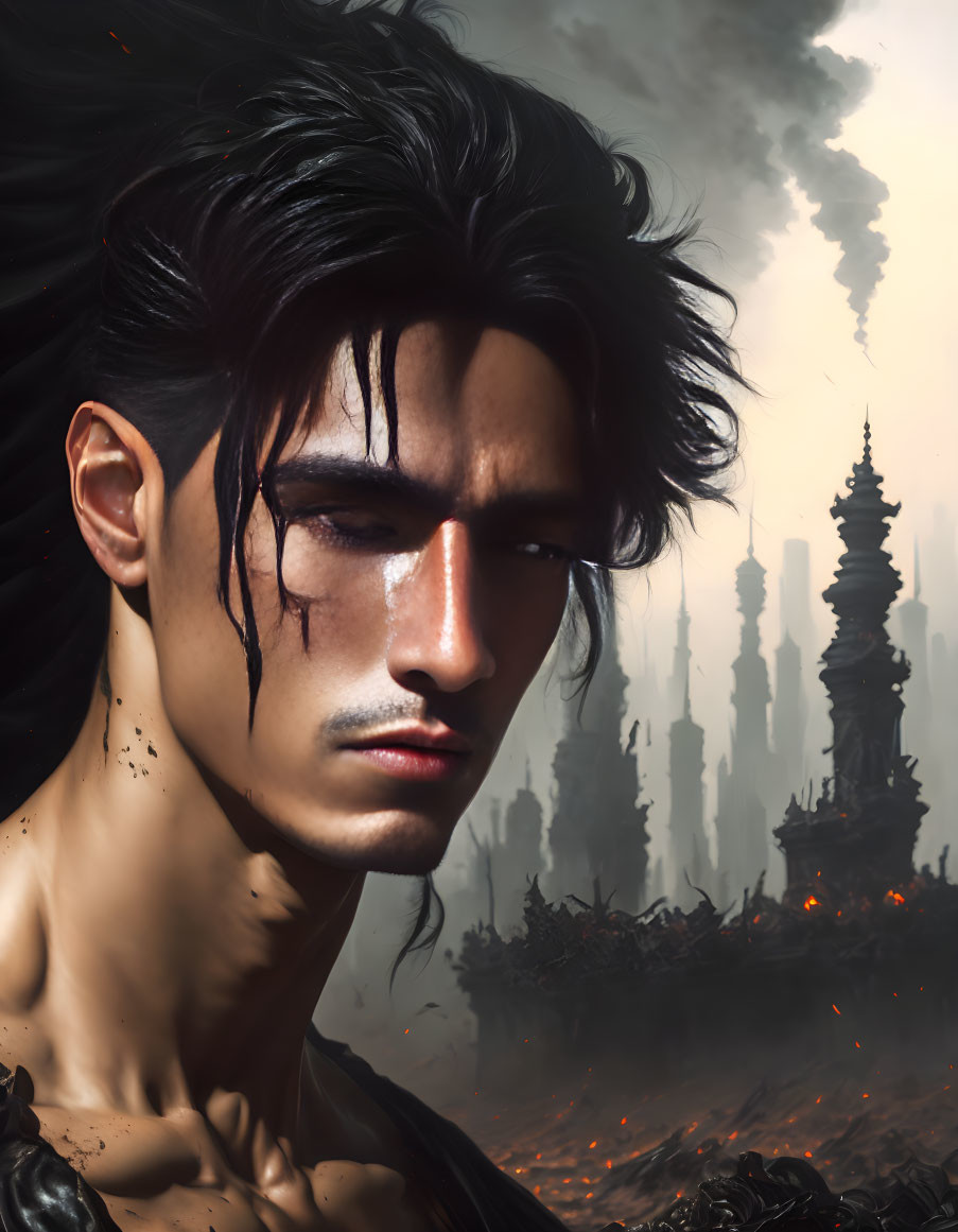 Brooding man with intense gaze in dystopian digital painting