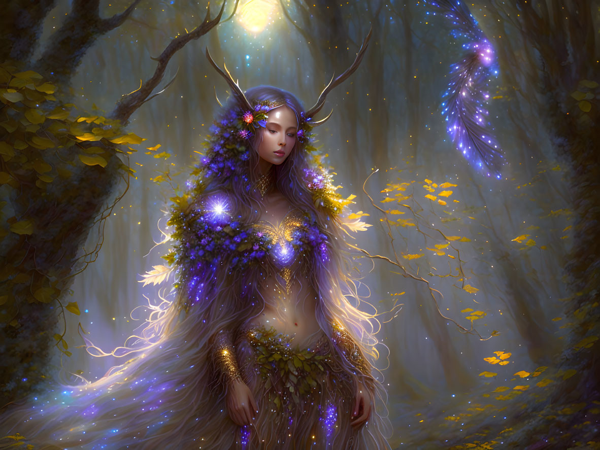 Enchanted forest with mystical woman, flowers, antlers, butterflies, and falling leaves