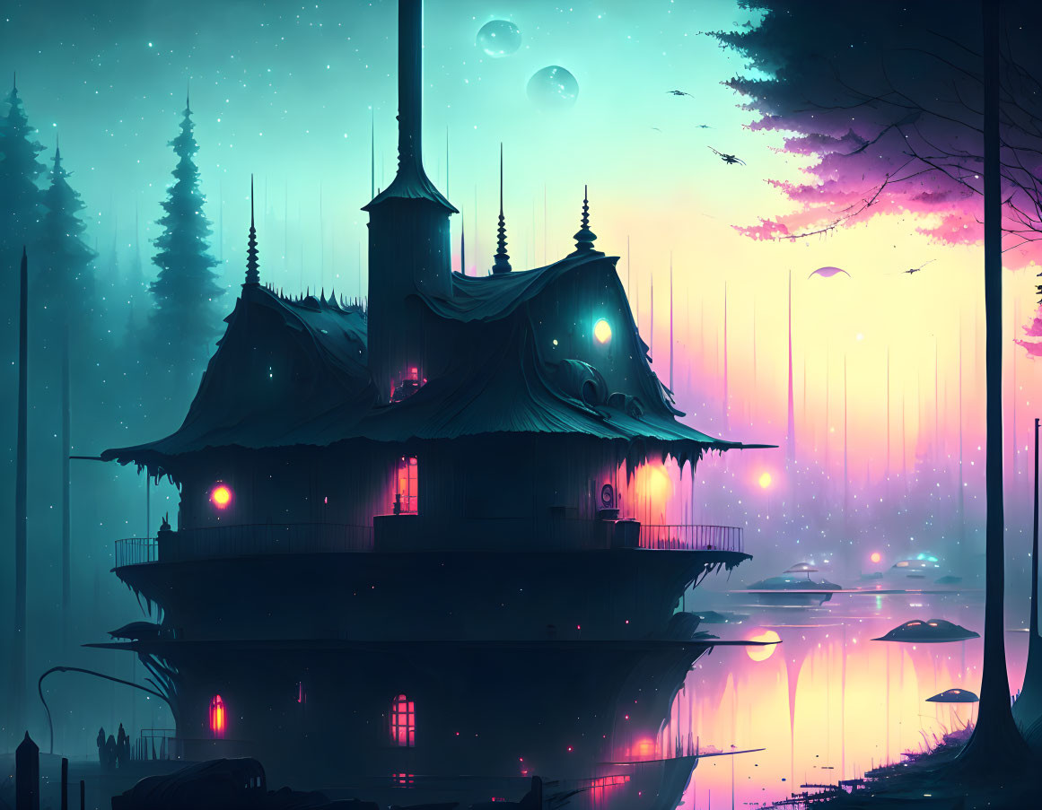 Fantasy landscape with illuminated Asian-style structure under twilight sky