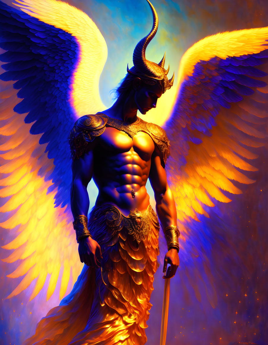 Majestic fantasy character with large wings and horned helmet and glowing golden and blue hues holding a