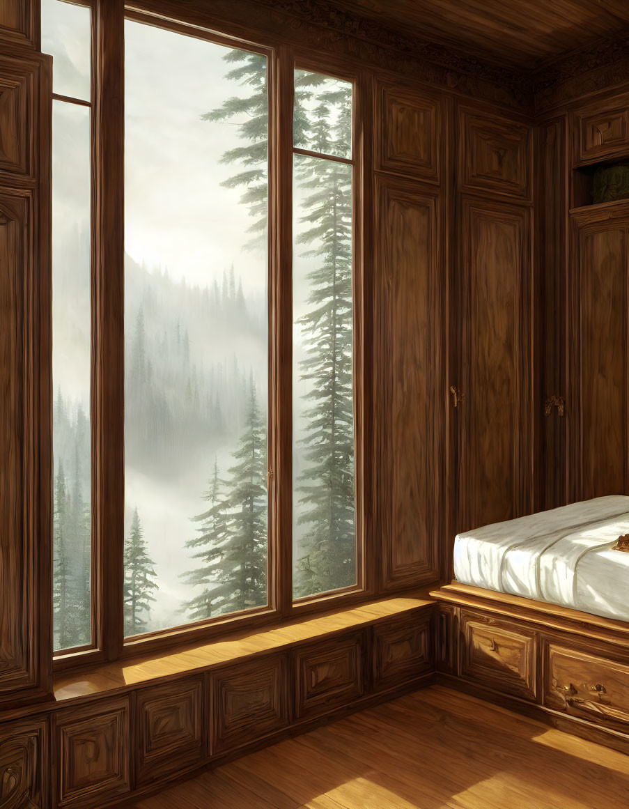 Wooden-paneled bedroom with misty forest view through large window