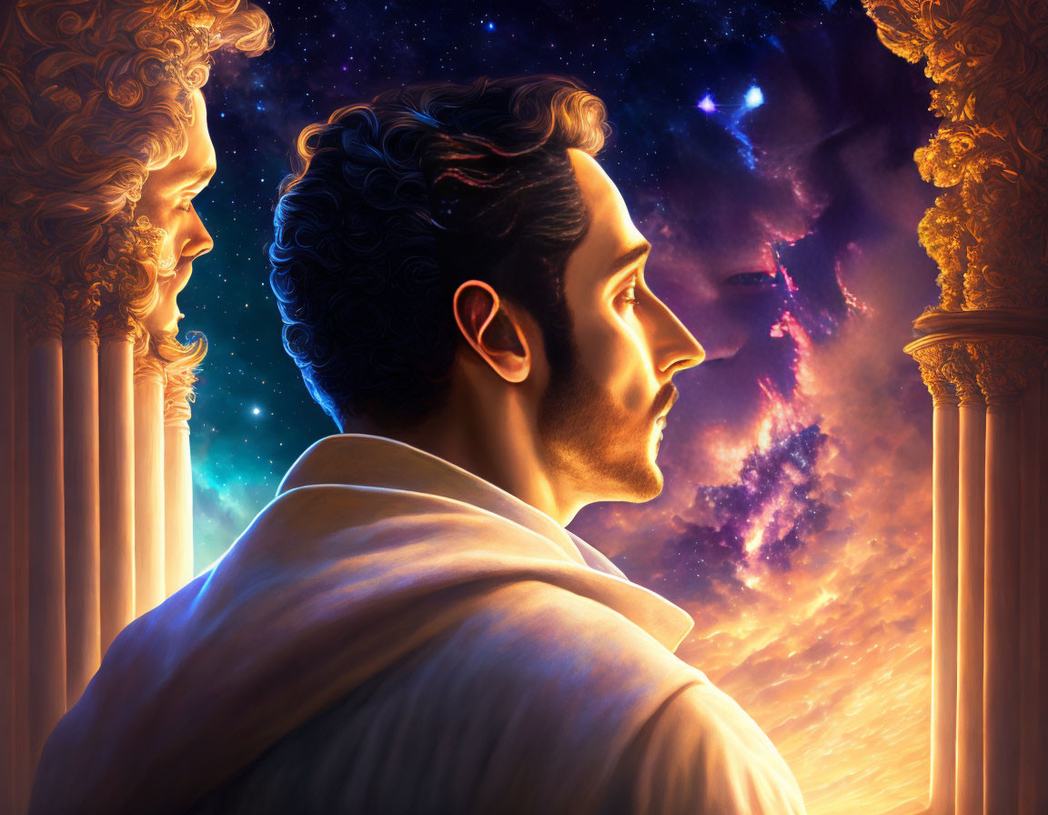 Stylized portrait of a man with cosmic backdrop and classical elements