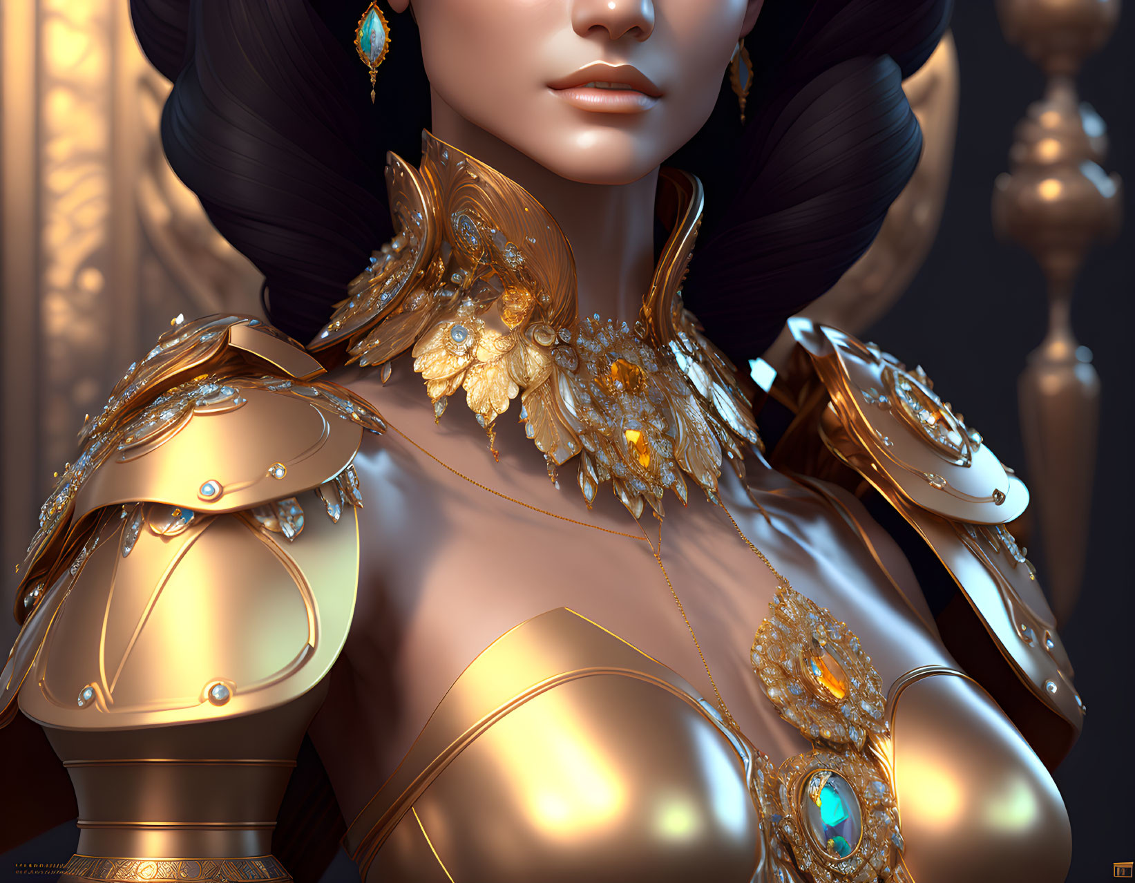 Detailed digital art portrait: person in ornate gold armor with intricate designs and gemstones on shoulders and