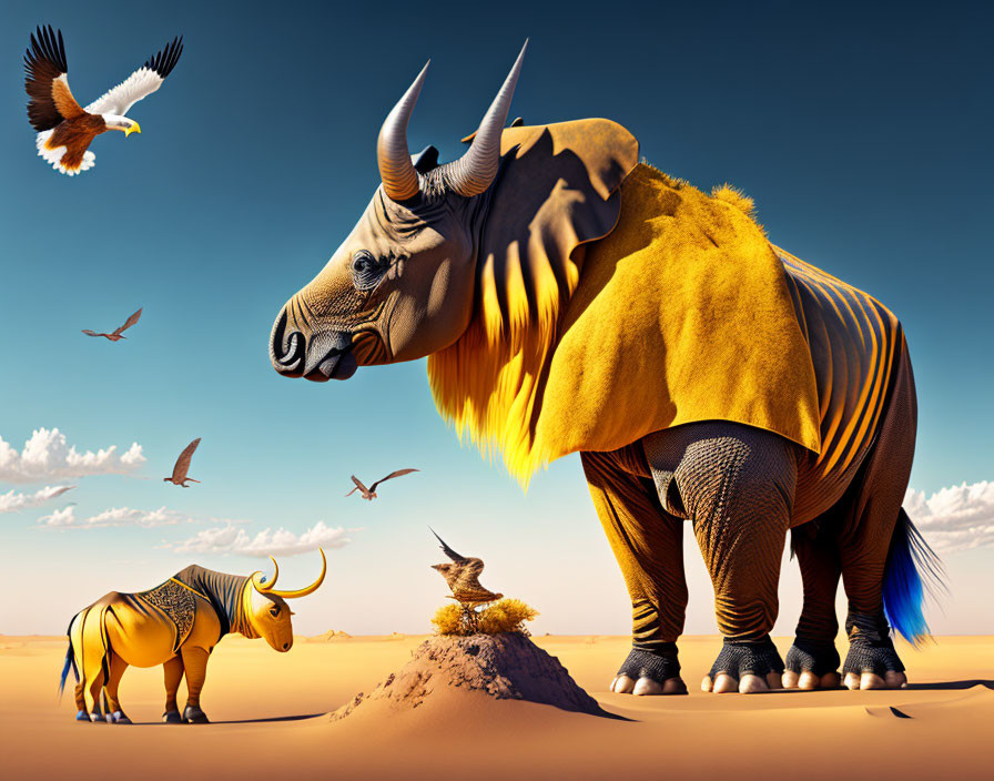 Surreal desert scene: large rhinoceros with lion's mane, smaller animal, birds