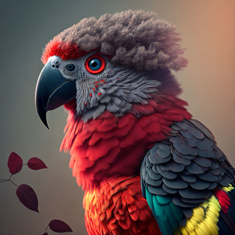 Colorful Parrot Close-Up with Red and Blue Feathers and Intense Red Eyes