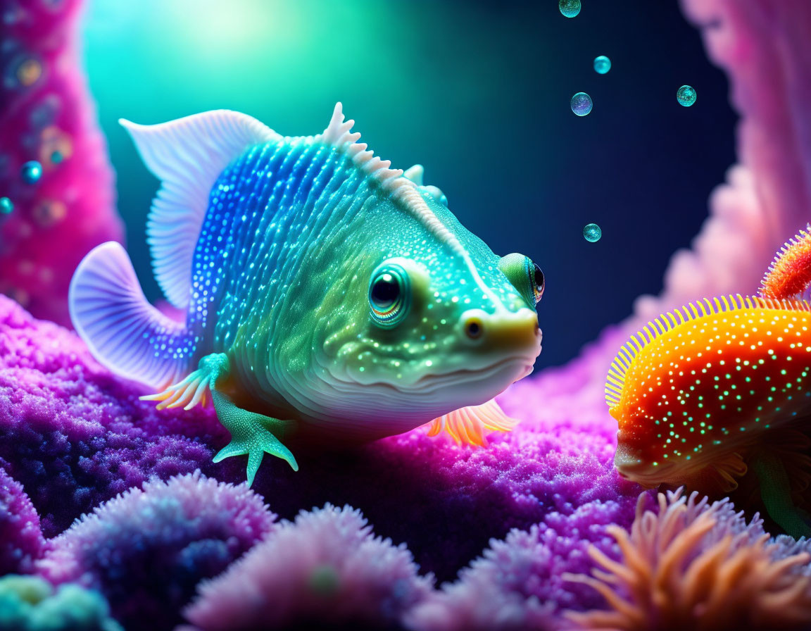 Colorful Fish Among Coral and Bubbles in Artificial Lighting