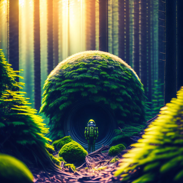 Enchanting forest scene with sunlight, moss-covered dome, and dark tunnel