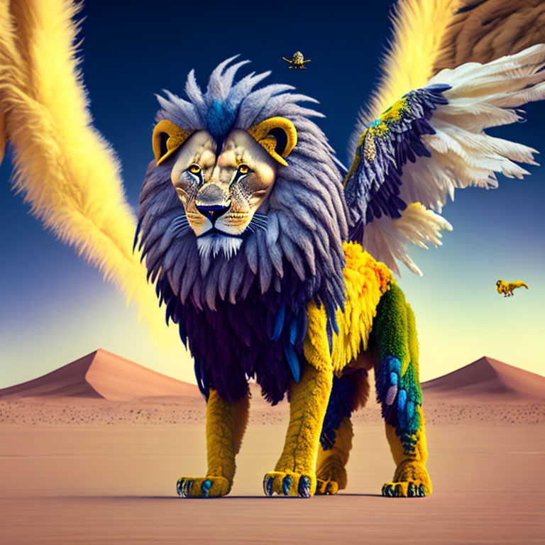 Fantasy winged lion with colorful plumage in desert with pyramids and flying bees