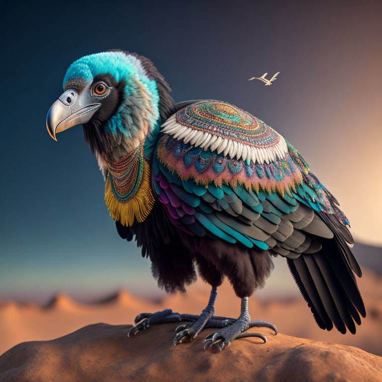 Colorful Fantastical Bird with Iridescent Feathers in Desert Sunset