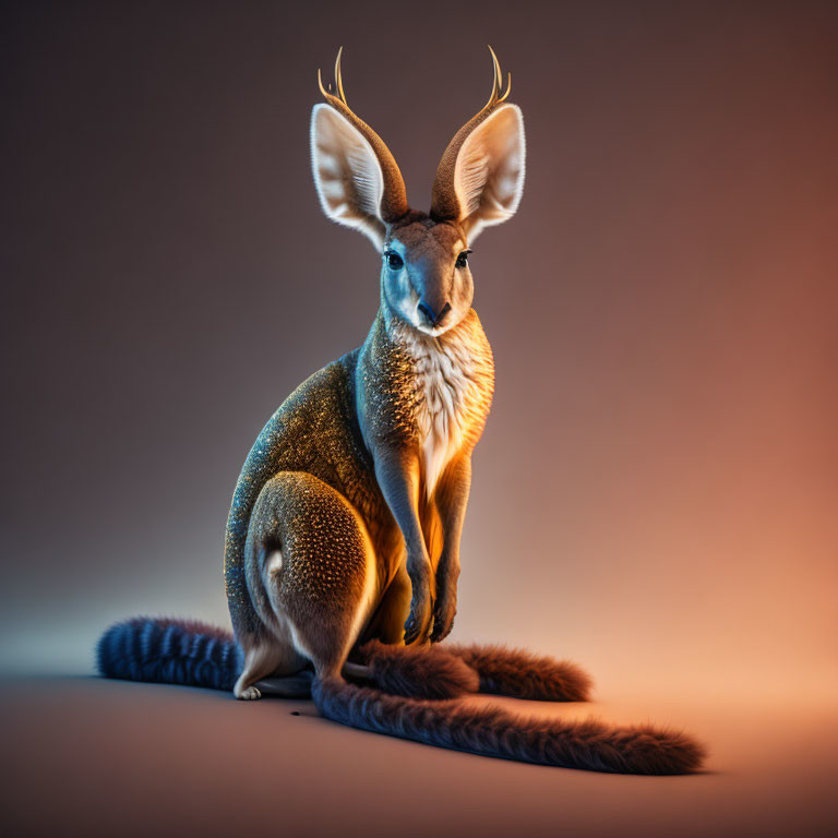 Surreal kangaroo with deer antlers in glowing body against warm gradient