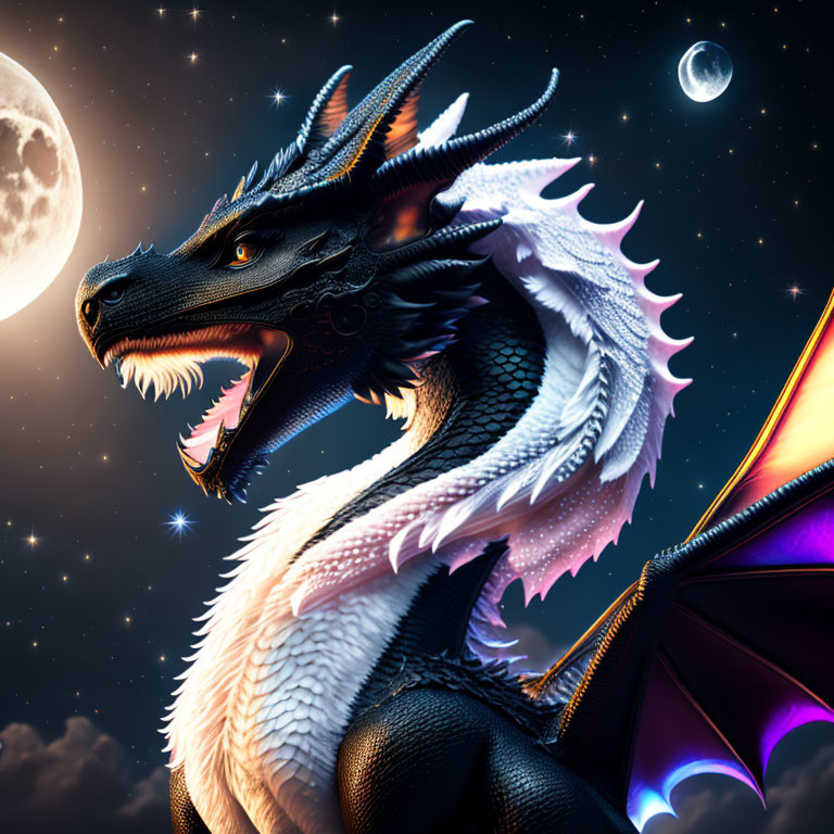 Black and White Dragon with Glowing Eyes under Full Moon