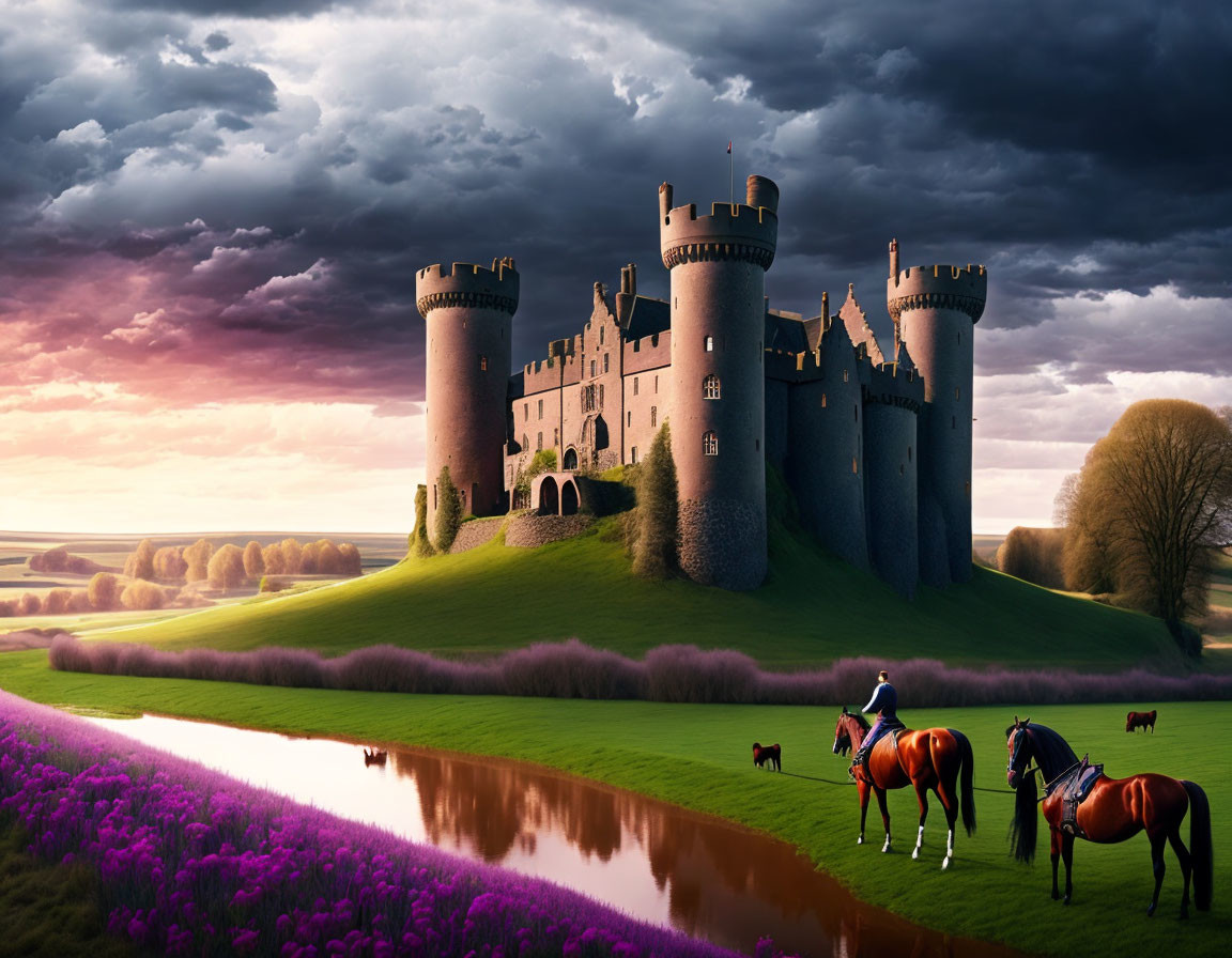 Majestic castle with towers in verdant landscape by river and riders