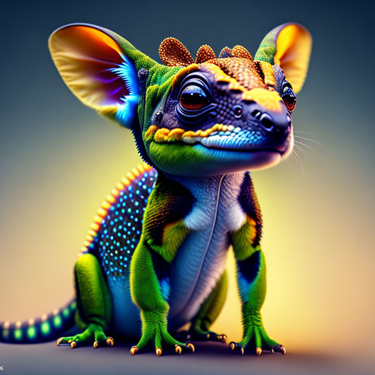 Colorful stylized creature with large eyes and ears, lizard-chameleon hybrid with vibrant skin patterns.