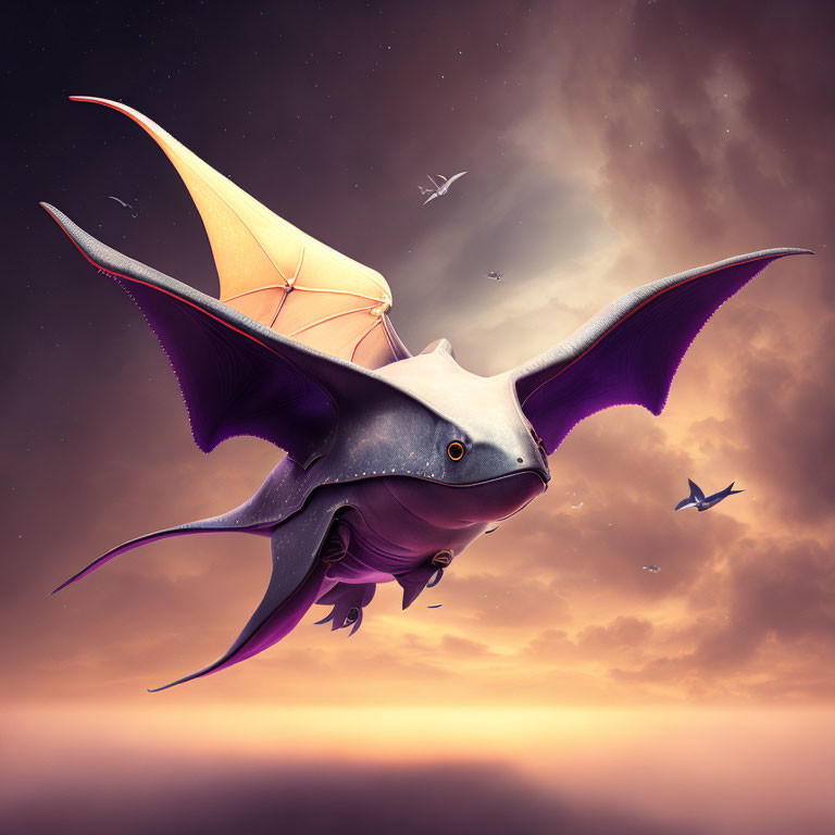 Colorful winged creature in purple twilight sky