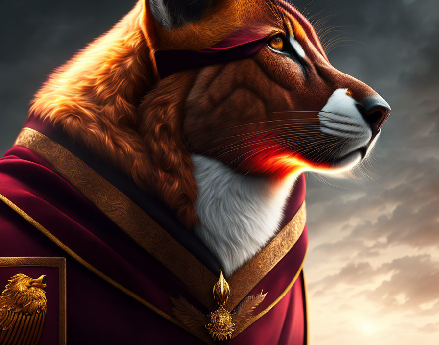 Majestic anthropomorphic tiger in regal attire against dramatic sky