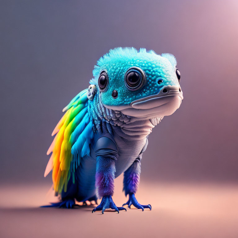 Colorful digital creature with frog and bird features in vibrant blue skin