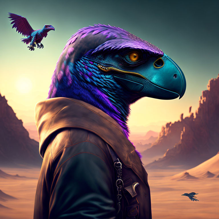 Digital artwork of humanoid figure with bird-like head in leather jacket against sunset desert.