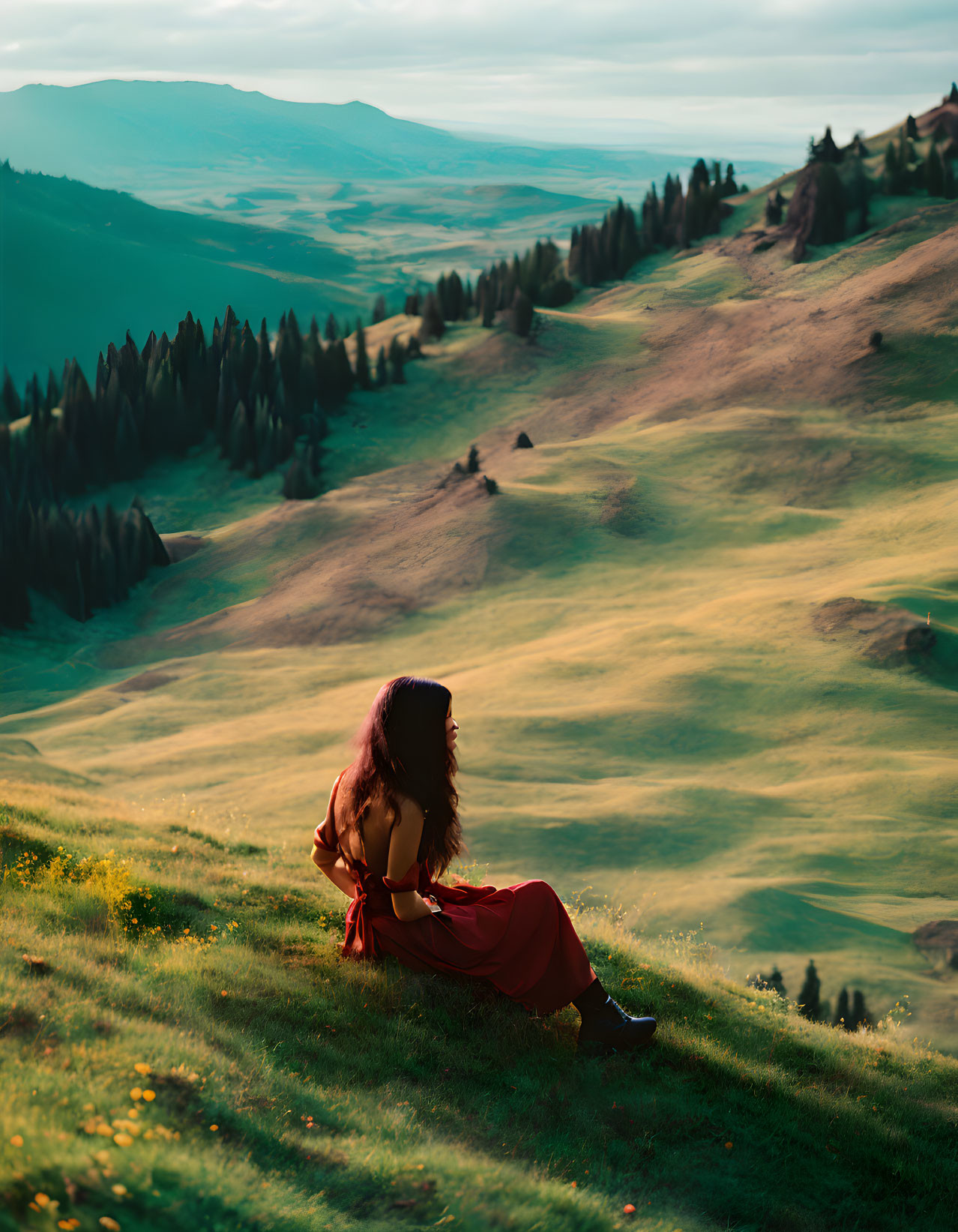 Woman in red dress on lush hillside overlooking valley with rolling hills and scattered trees