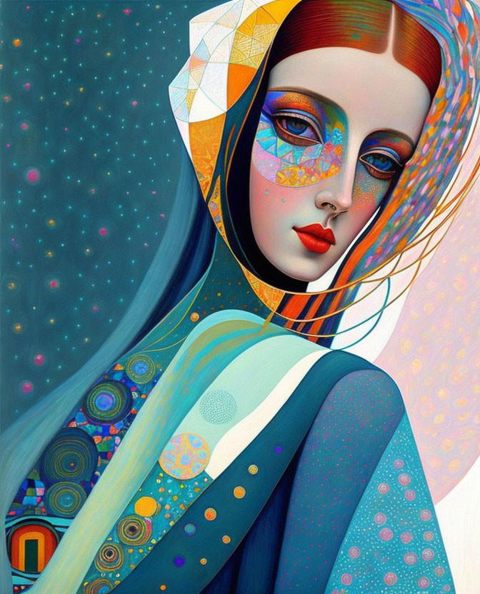 Colorful Stylized Portrait of Woman with Geometric Patterns on Face and Clothes