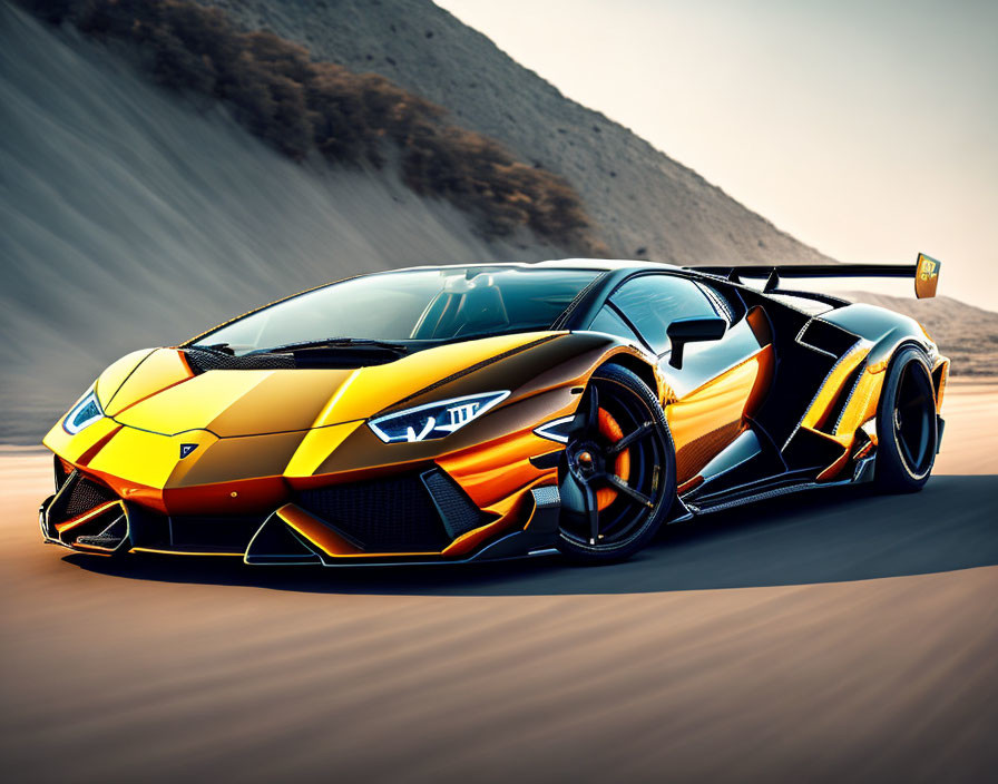 Yellow and Black Lamborghini Sports Car Racing on Blurred Road