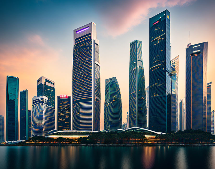 City skyline with skyscrapers reflecting on calm water at twilight