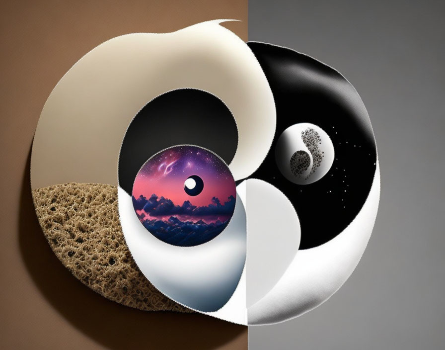 Yin and Yang symbol with celestial, landscape, and textured elements