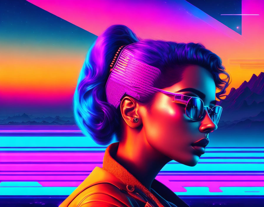 Stylized profile portrait of woman with blue hair and sunglasses in retro-futuristic sunset