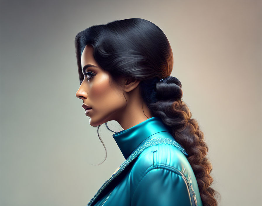 Woman with Sleek Hairstyle in Turquoise Leather Jacket