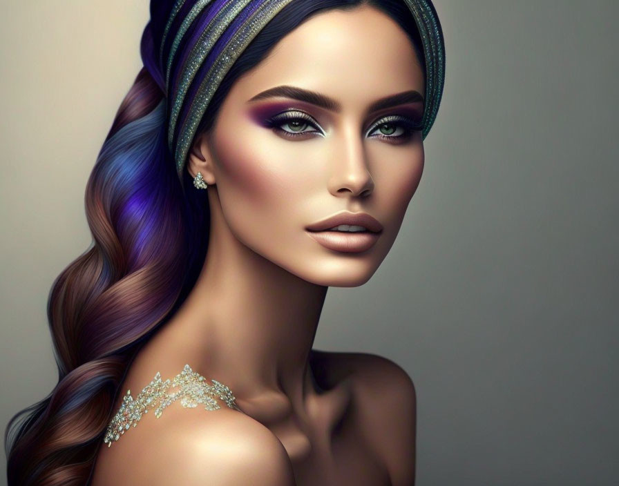 Colorful headband and striking makeup on woman in digital portrait