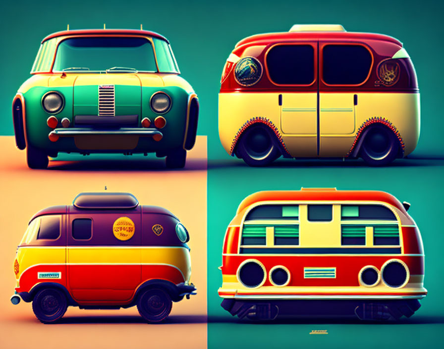 Stylized vintage vehicles in vibrant colors: green car, yellow van, orange & red minibuses