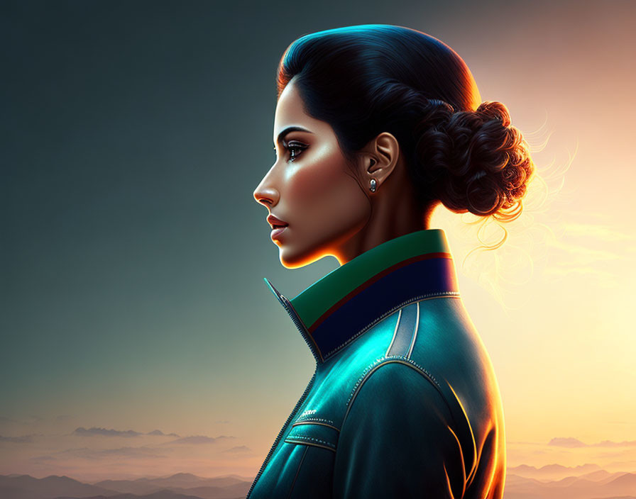 Digital artwork of woman in profile with sleek bun, teal leather jacket, green and orange stripes, against