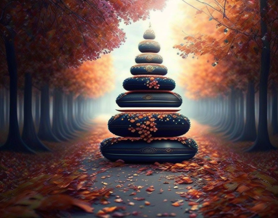 Tranquil autumn scene with tree-lined path and stone stack