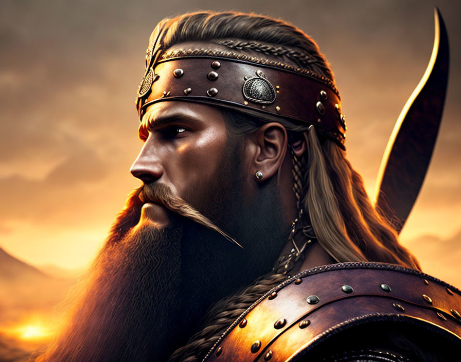 Detailed Viking warrior digital art with long beard, helmet, armor, sunset backdrop.