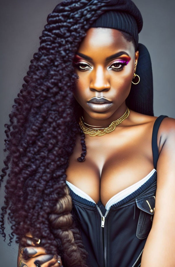 Portrait of woman with long braids, dramatic makeup, gold jewelry, and black outfit.