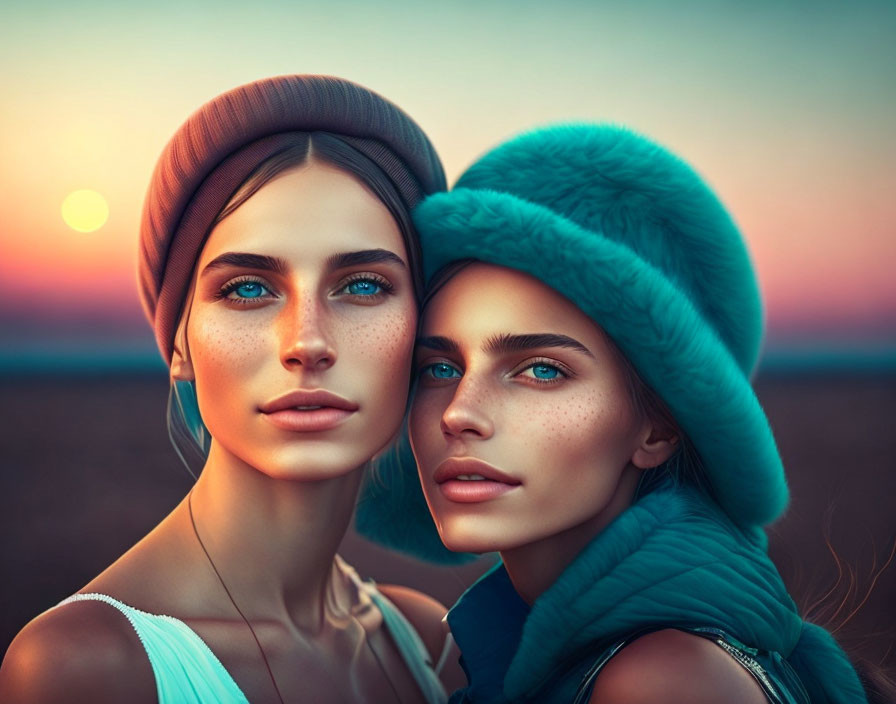 Two women with freckles and blue eyes wearing hats in front of a sunset.