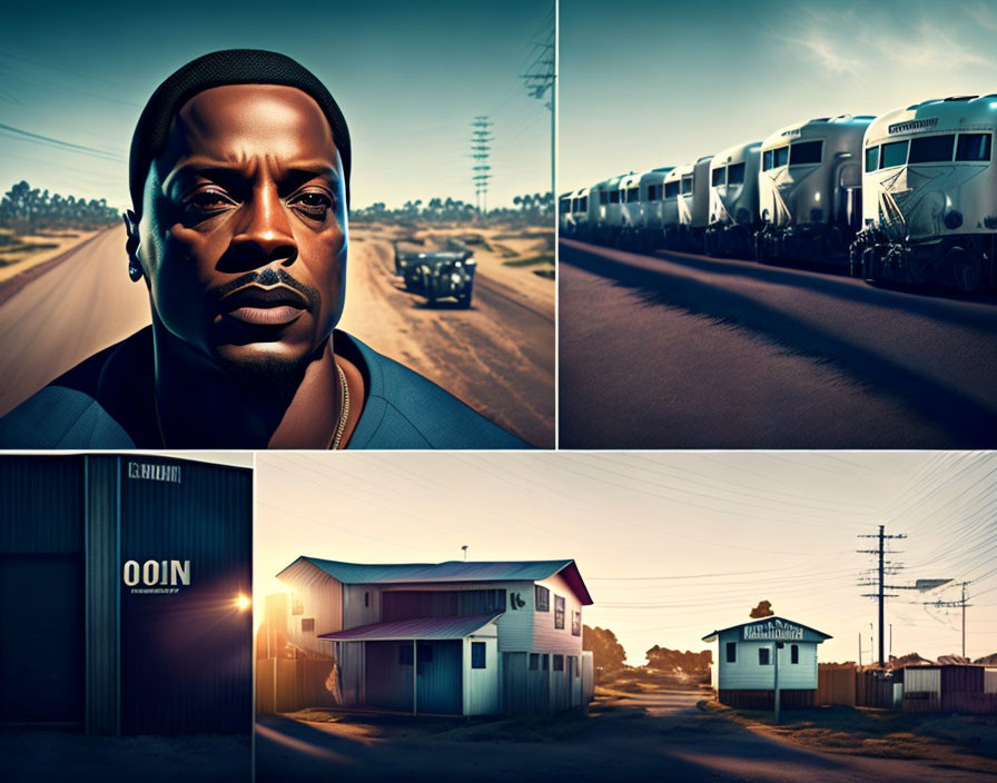 Man, trains, cargo containers, houses under sunrise or sunset in four-image collage