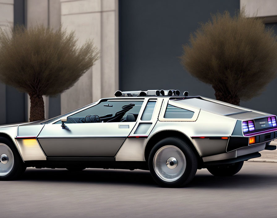 Silver DeLorean Car with Gull-Wing Doors in Urban Setting