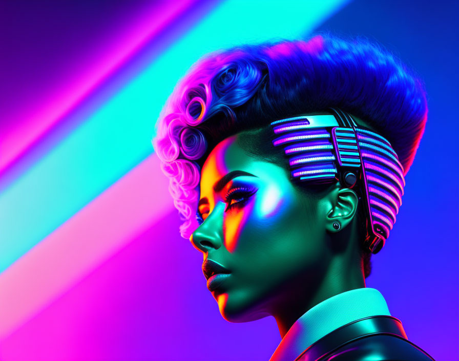 Colorful portrait of woman with afro hairstyle under neon lights