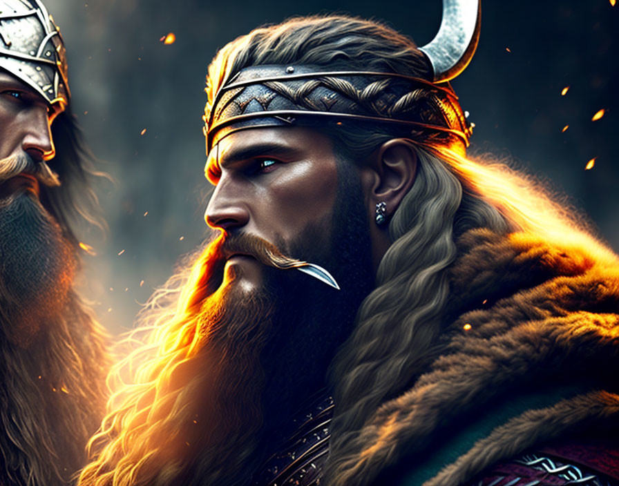 Two Viking warriors with ornate helmets and beards in profile, surrounded by sparks and fiery glow.