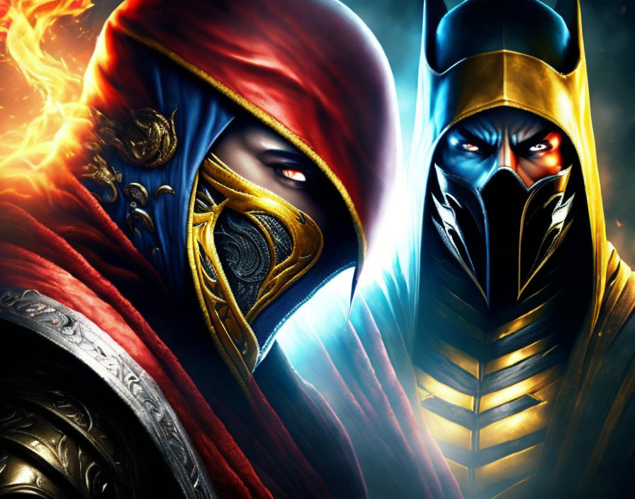 Blue and yellow Mortal Kombat characters face off: Sub-Zero on the right, Scorpion