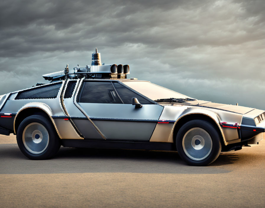 Silver DeLorean DMC-12 With Futuristic Modifications and Gull-Wing Doors on Cloud