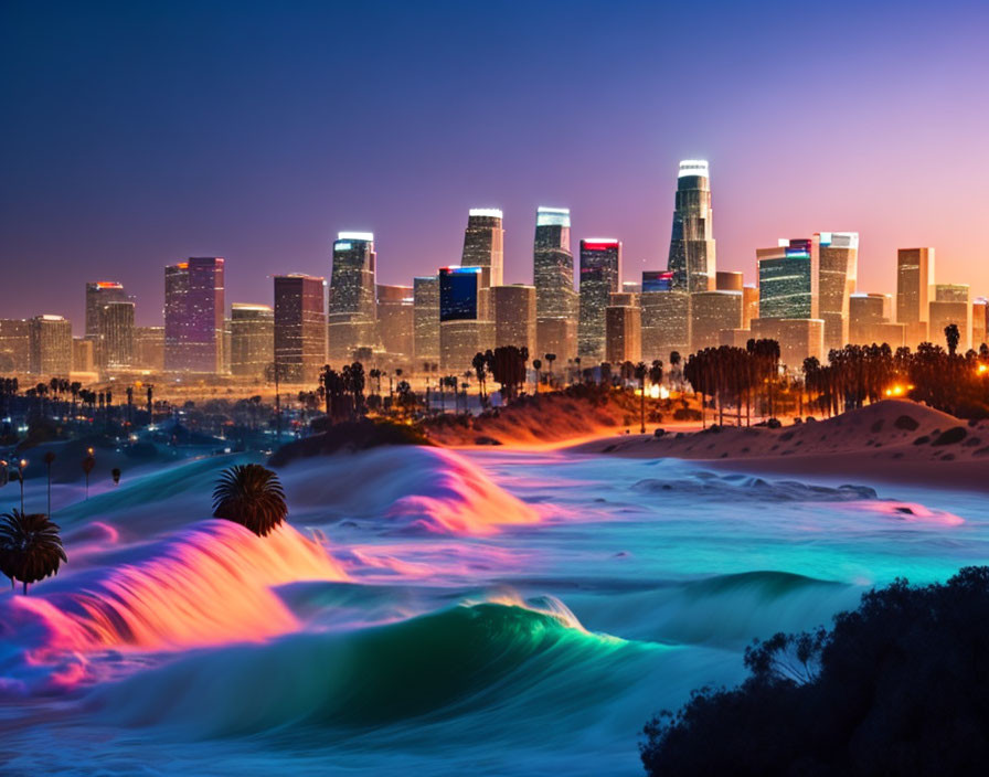 Twilight city skyline with illuminated buildings and surreal waves